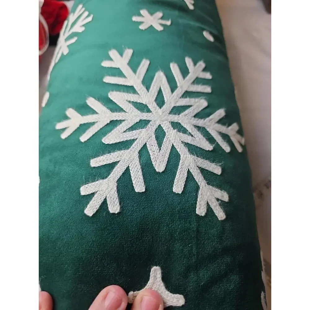 Christmas Winter Bolster Pillow Green Velvety W/Snow Flakes 24
